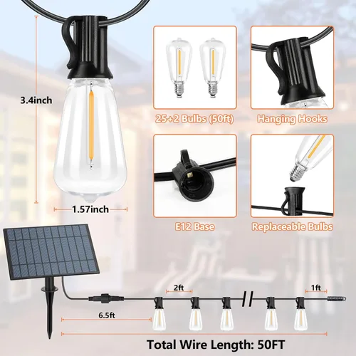 Miniatura 7 de Bosceos Cadena de luces solares de 50 pies para exteriores, luces de cadena al aire libre alimentadas por energía solar, luces de patio regulables