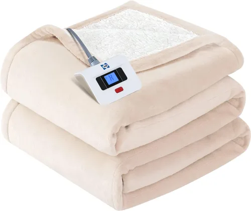 Miniatura 12 de Manta eléctrica SEALY tamaño King, manta térmica de franela y Sherpa con 10 niveles de calor y apagado automático de 1-12 horas, manta cálida