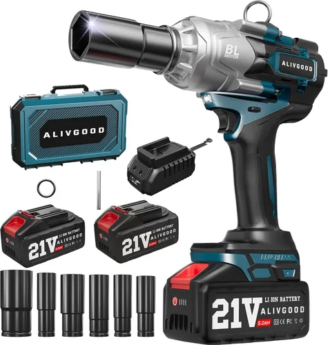 Mejora de 1300N.m/1000Ft-lbs Llave de Impacto Inalámbrica, 2 Baterías de 5.0AH, Pistola de Impacto Eléctrica de 1/2 Pulgada, Cargador Rápido, Llave
