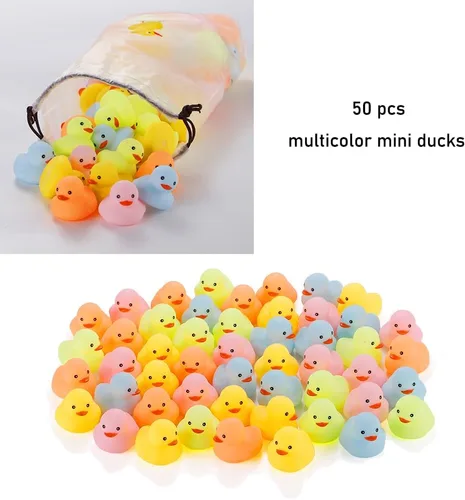 Miniatura 3 de 50 piezas de mini patos de goma multicolor para el baño del bebé, niños chillan y flotan pequeños patos de colores a granel para la ducha