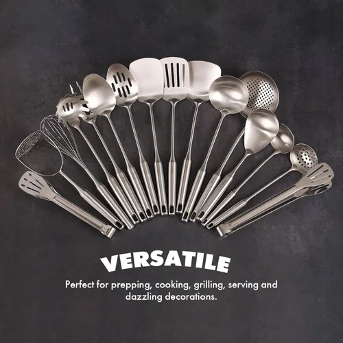 Miniatura 6 de Juego de utensilios de cocina de acero inoxidable 18/10, 16 cucharas de cocina pequeñas y grandes de metal, utensilios para servir, batidor, 16