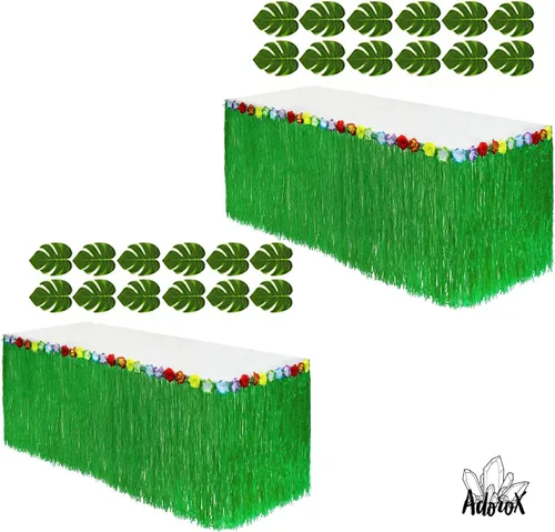 Adorox (2 faldas de mesa) Hawaiian Luau Hibiscus Green Falda de mesa de 9 pies Decoración de fiesta