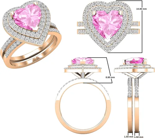 Miniatura 20 de Dazzlingrock Collection Juego de anillos de compromiso de doble halo con diamantes naturales redondos y piedras preciosas creadas en laboratorio