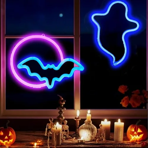 Miniatura 12 de Letreros de neón de murciélago para dormitorio, mesita de noche, decoración de pared, decoración de Halloween, luces LED de noche, adornos de mesa