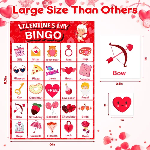 Miniatura 4 de V-Opitos Tarjeta de juego de bingo de gran tamaño para el día de San Valentín para niños y adultos, 24 jugadores, juego de San Valentín
