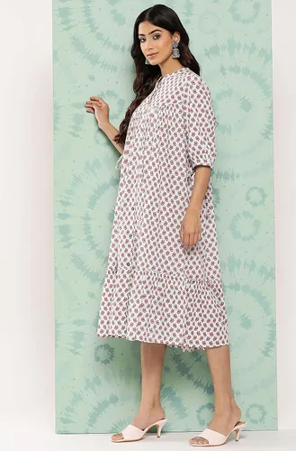Miniatura 4 de Janasya Vestido de playa de algodón blanco para mujer, estilo casual, estampado floral, cuello mandarín, bohemio, manga atada, para playa
