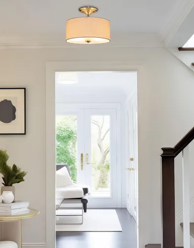 Miniatura 8 de Kira Home Addison - Lámpara de techo de 13 pulgadas con pantalla de tambor de tela blanca rota, 2 luces de techo, acabado de latón frío