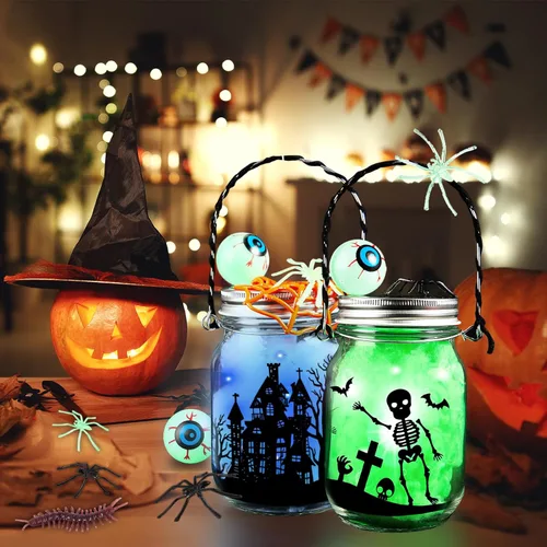 Miniatura 7 de Kit de manualidades de Halloween para niños, 4 tarros de vidrio con accesorios para tarro de farol de bricolaje, suministros de fiesta de arte