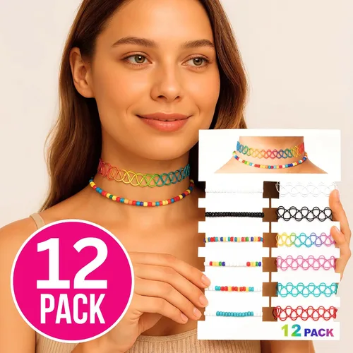 Miniatura 34 de BodyJ4You Juego de 12 gargantillas elásticas estilo tatuaje, accesorios y joyería de los años 90 y 2000, rosado, azul, verde, colorido, arcoíris