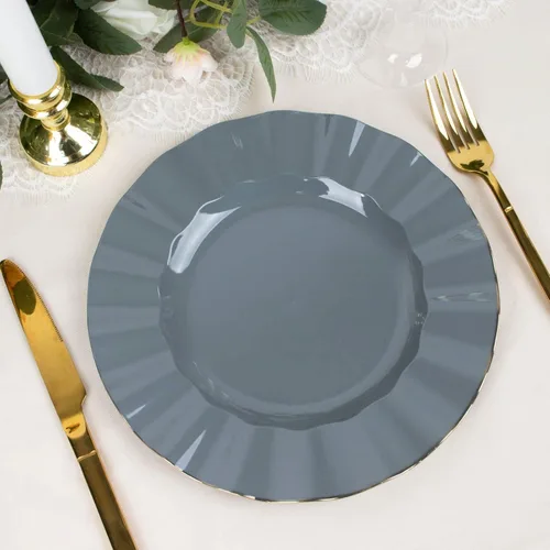 Miniatura 174 de Tableclothsfactory Paquete de 10 platos redondos de plástico negro de 6 pulgadas para ensalada de postre, platos desechables con borde ondulado