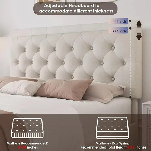 Miniatura 5 de TTVIEW Base de cama de tamaño matrimonial con 4 cajones de almacenamiento y cabecera ajustable, plataforma tapizada con diseño capitoné, soporte