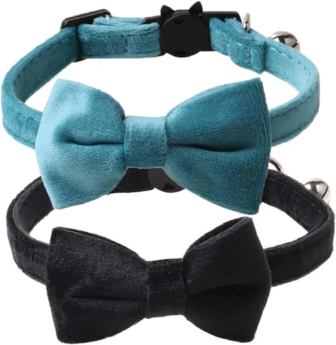 Love Dream Collar de gato con pajarita y campanas, paquete de 2 collares de terciopelo de seguridad para gatitos con pajarita extraíble para gatos