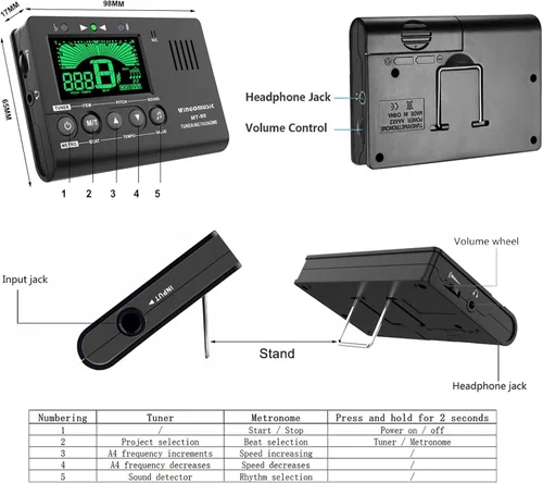 Miniatura 5 de WINGO Metrónomo Digital, Sintonizador y Generador de Tonos - Dispositivo 3 en 1 (Negro) - para Cromático, Guitarra, Bajo, Ukelele, Violín - Batería