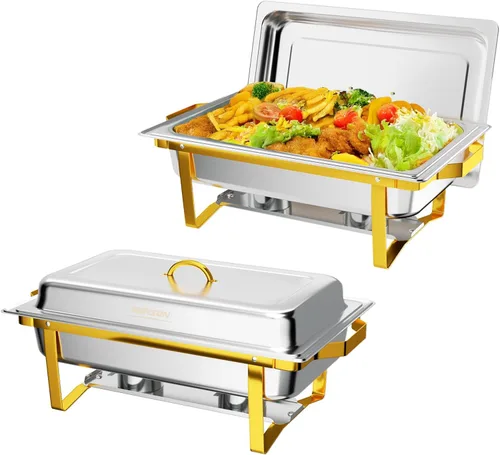 ROVSUN Platos de roce para buffet, paquete de 2 platos de 9 cuartos de galón [elegante dorado y plateado] con diseño de borde enrollado, juego de