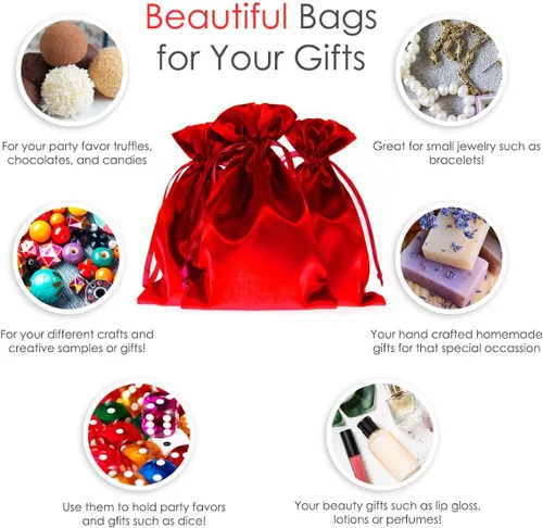 Miniatura 2 de Bolsas de regalo de satén rojo de 4 x 6 pulgadas, joyas, bolsas de cordón para regalos de boda para baby shower, Navidad, paquete de 50 Rojo - 4 x 6