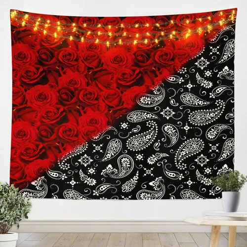 Miniatura 11 de Tapiz femenino de flores de rosas rojas, tapiz de pared para el día de San Valentín, decoración de habitación de niñas y mujeres, cielo estrellado