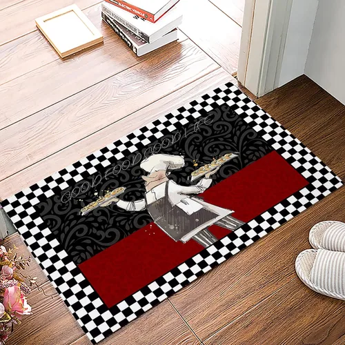 Tapete de ducha de baño con diseño vintage de chef negro y blanco, a cuadros, color rojo Paris, antideslizante, tapete absorbente para decoración