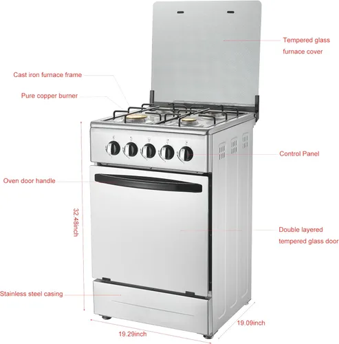 Miniatura 3 de Cocina de gas independiente de 20 pulgadas, estufa de gas de 4 quemadores con horno de 65 L, cuerpo de acero inoxidable 201, puerta de vidrio