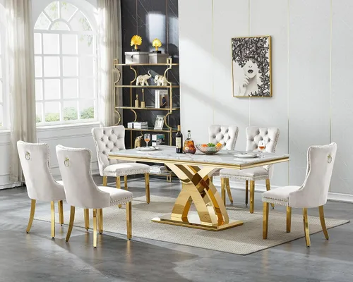 Miniatura 20 de Henf Juego de mesa de comedor de mármol sintético de 68 pulgadas para 6, juego de mesa de comedor de 7 piezas con 6 sillas copetudas de terciopelo