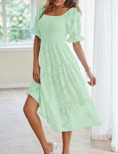 Miniatura 4 de MEROKEETY Vestido midi escalonado de verano para mujer, manga corta abombada, cuello cuadrado, floral, texturizado, escalonado