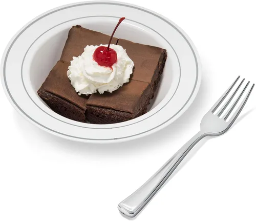 Miniatura 4 de Cuencos blancos con borde plateado, 12 onzas, 50 unidades, plástico duro, desechables o reutilizables, cuencos de postre, ensalada, cereales, pasta