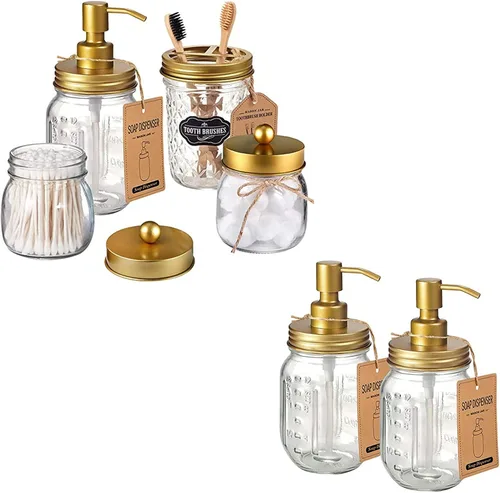 Amolliar Juego de accesorios de baño de 4 piezas y 2 tarros de masón dorados, 3 dispensadores de jabón de loción y 2 soportes para hisopos de