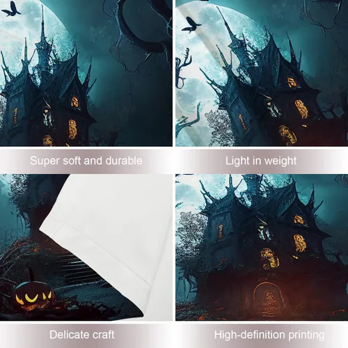 Miniatura 4 de Shrahala Tapiz de pared divertido de Halloween, castillos, calabazas, murciélagos, bosques, niebla, para colgar en la pared, tapiz grande de fibra