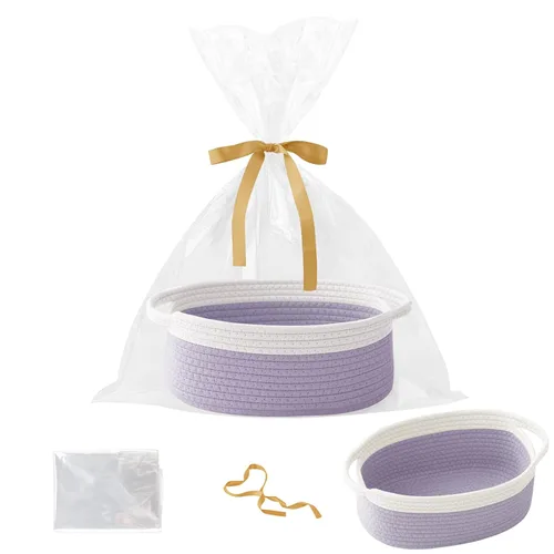 Miniatura 28 de Paquete de 2 canastas pequeñas de cuerda tejida, cesta de regalo vacía con bolsa y cintas, bonita caja organizadora con asa para cumpleaños/baby