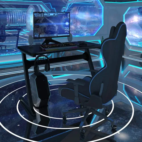 Miniatura 2 de Tangkula Escritorio para videojuegos, escritorio ergonómico en forma de Z, escritorio de juegos para deportes electrónicos con portavasos y soporte