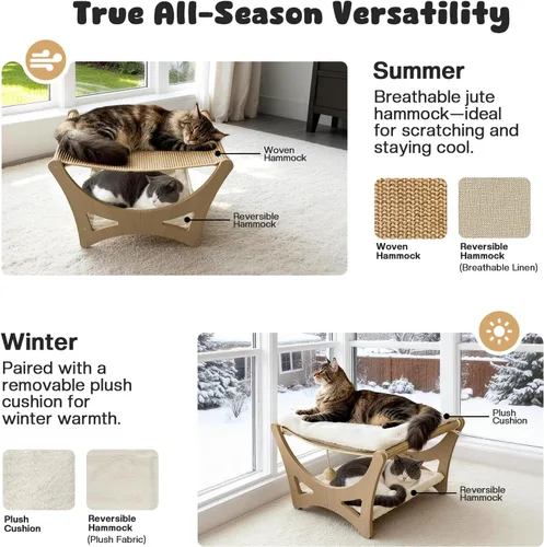 Miniatura 3 de Cama hamaca para gatos de doble capa, camas elevadas de madera para gatos con alfombrilla rascador de sisal natural, cama rascador para gatos
