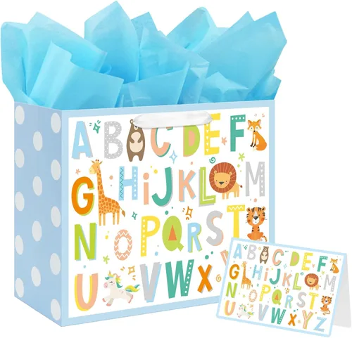 Laidans Bolsa de regalo grande de 13 pulgadas para baby shower, cumpleaños con papel de seda y tarjeta de felicitación (diseño animal del alfabeto