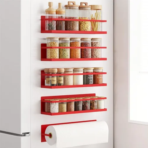 Miniatura 10 de Estante magnético para especias para refrigerador, estante magnético de ahorro de espacio para nevera negro, paquete de 2 con soporte magnético