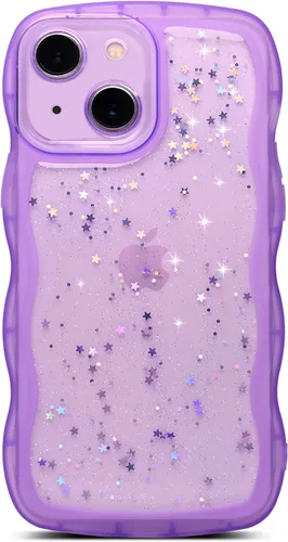 Miniatura 114 de Qokey Funda para iPhone 12 Pro Max de 6.7 pulgadas, diseño de onda rizada, borde transparente, brillante con purpurina, estrella brillante, bonita
