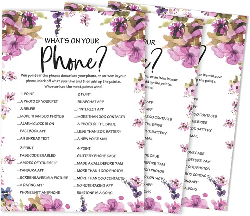 Paquete de 50 tarjetas florales de Whats On Your Phone Bridal Shower Juego de despedida de soltera