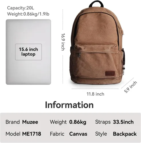 Muzee Mochila de Lona Ligera de Viaje Daypack Mochila de Estudiante Rucksack Mochila para Laptop, Caqui, Tamaño único, Classic