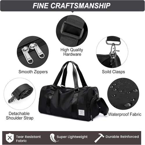 Miniatura 7 de Bolsa de gimnasio para mujer, bolsa de viaje de viaje, bolsa de mano deportiva, bolsa de fin de semana, negro, (H1-Black), Bolsa de gimnasio
