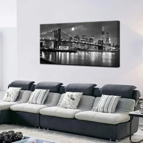 Miniatura 5 de LevvArts - Lienzo de Nueva York en blanco y negro con imagen del puente de Brooklyn, arte de pared, noche de luna llena, póster de la ciudad