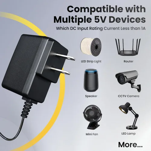 Miniatura 5 de Adaptador de fuente de alimentación de 5 V, 1 A, 1000 mA, 6 pies, enchufe de pared horizontal, adaptador de conmutación de 5 W 0.5A 0.8A AC/DC
