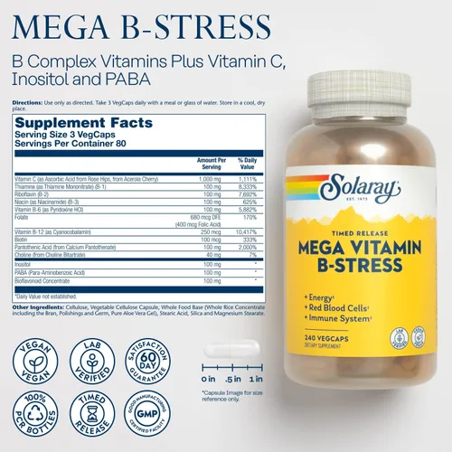 Miniatura 2 de Solaray Mega vitamina B-Stress, complejo de vitamina B de liberación temporizada con 1000 mg de vitamina C para el estrés, energía, glóbulos rojos