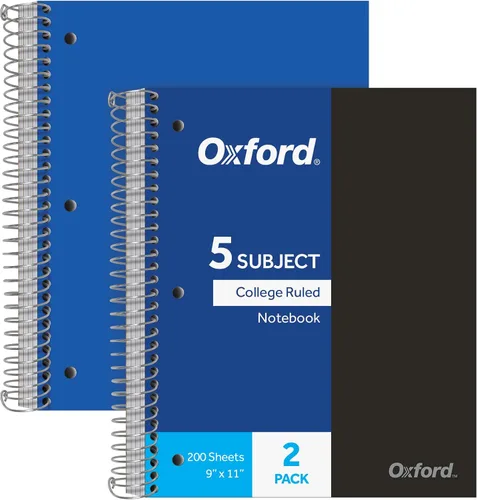Oxford Cuadernos en espiral, 5 materias, papel rayado universitario, cubierta de plástico duradero, 200 hojas, 5 bolsillos divisores, 2 por paquete