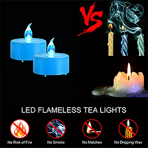 Miniatura 5 de Velas de té sin llama, paquete de 50 velas LED, realistas y brillantes, parpadeantes, de larga duración, 200 horas para festividades, fiestas, Azul