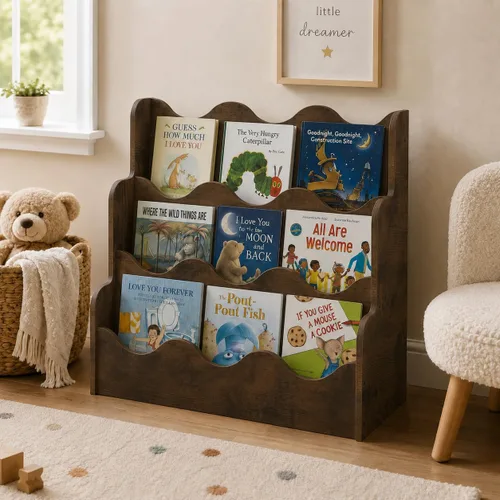 Miniatura 13 de NACHES Estantería Montessori de 4 niveles para niños, estante de madera con diseño festoneado, organizador de juguetes para guardería, dormitorio