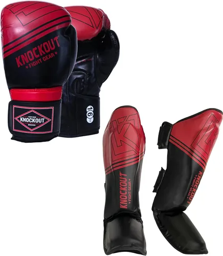Miniatura 10 de Juego de 2 pares de guantes de boxeo y espinilleras Muay Thai, ideales para kickboxing, entrenamiento de gimnasio en casa y combate, más adecuados