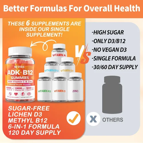 Miniatura 6 de Gomitas ADK+Vitamina B12 sin Azúcar - Vitamina D3 K2 10,000UI/ 5000UI, B12 5000 mcg 2500 mcg, K2 (MK-7) 240 mcg, Multivitamínico para Adultos