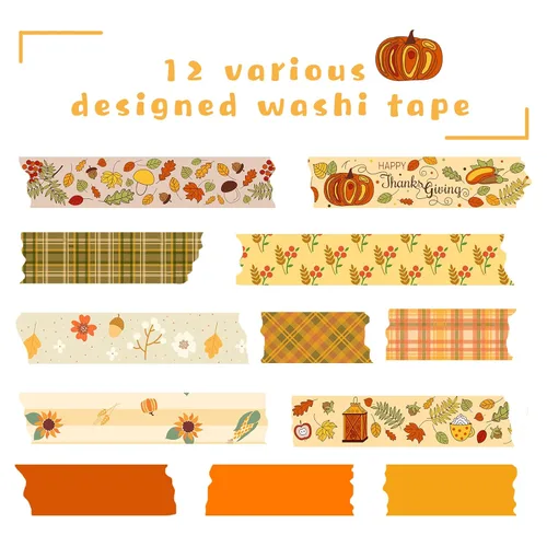 Miniatura 2 de Juego de 12 rollos de cinta washi de otoño para diario de viñetas, manualidades, álbumes de recortes, envoltura de regalos, cinta decorativa