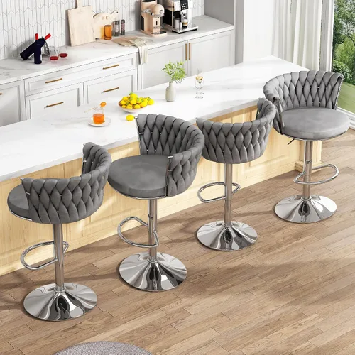 Miniatura 5 de Lamerge Juego de 2 taburetes de bar de terciopelo, sillas de bar giratorias modernas, taburetes de bar de cocina, taburetes de bar ajustables, Gris