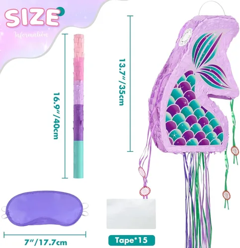Miniatura 3 de WERNNSAI - Piñata de sirena plegable, piñata de cumpleaños con flecos que incluye cuerda para jalar, venda y bate. Decoraciones