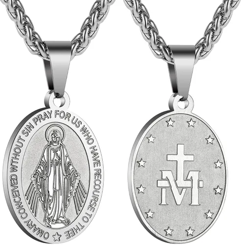 RS Collar de Virgen María para hombre medalla milagrosa de acero inoxidable colgante de María de la Virgen medallón de María dije de Santa María