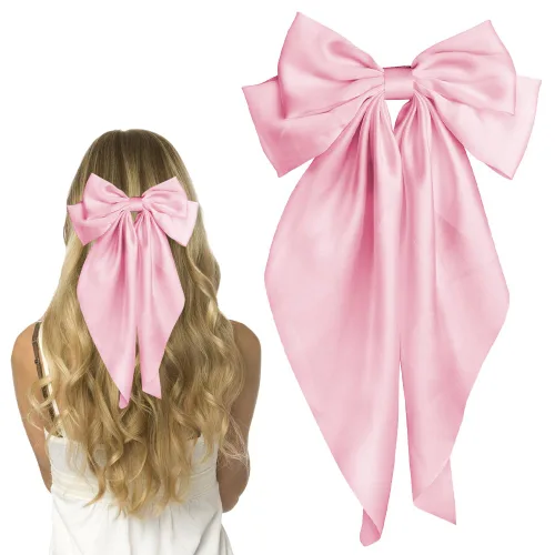 Miniatura 4 de Pufandor - Lazo para el cabello de satén sedoso para mujeres, lazos rojos para niñas, pasadores de lazo, cola larga con clips, lazos grandes