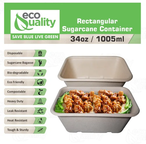 Miniatura 2 de EcoQuality Cuencos desechables de 34 onzas – Cuencos rectangulares compostables de fibra de caña de azúcar, biodegradables, ecológicos, oblongos